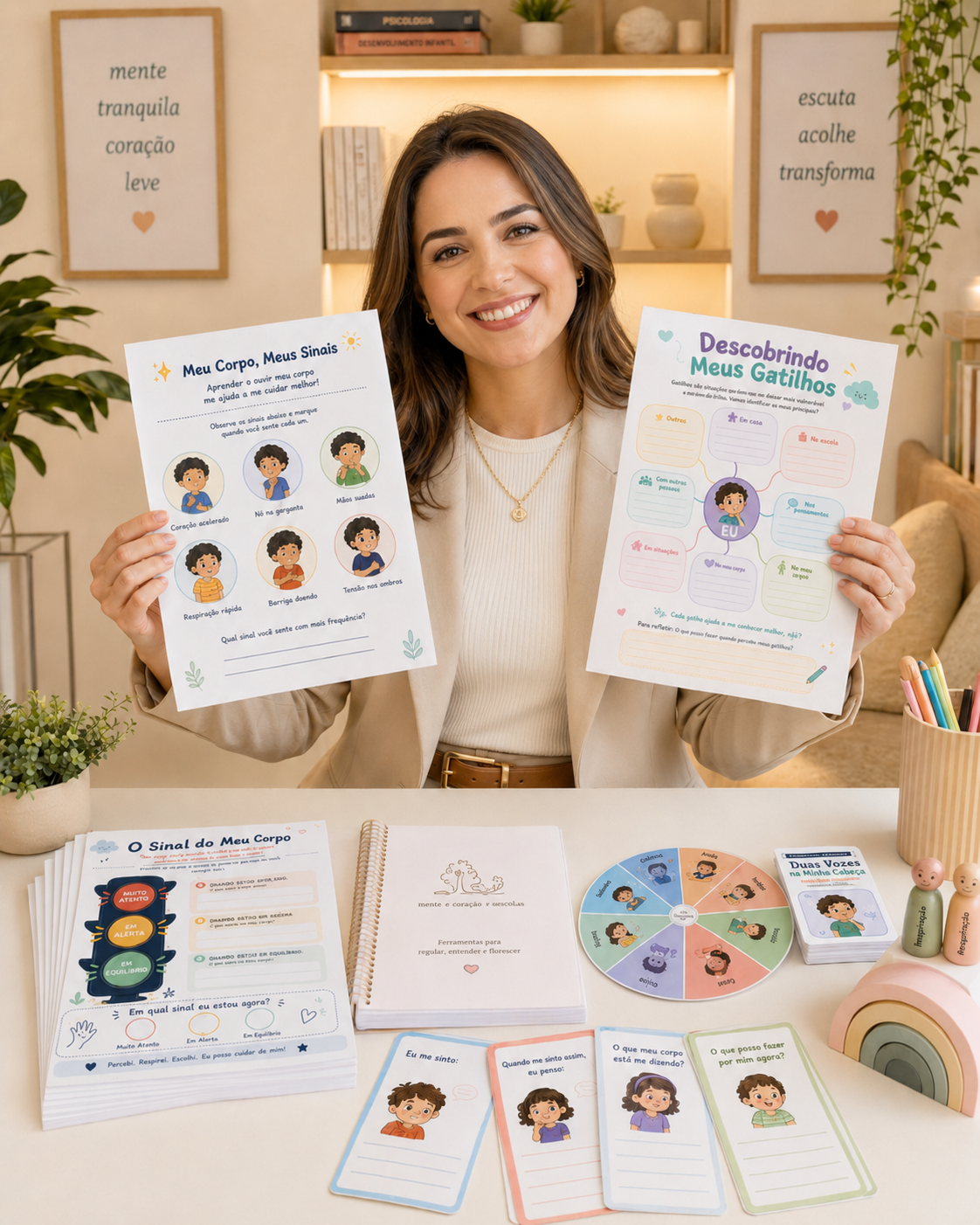 Psicóloga apresentando os materiais da biblioteca clínica infantojuvenil